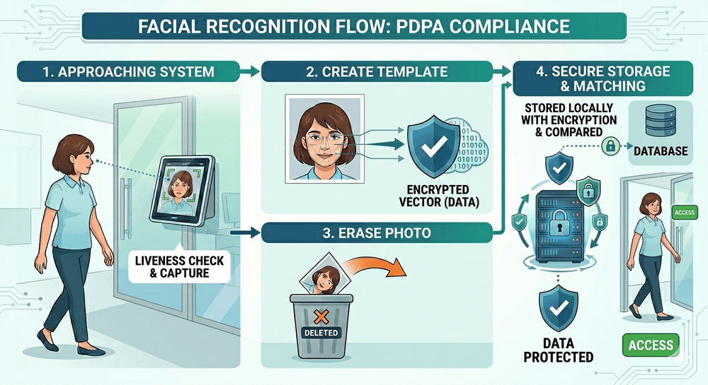 Facial recognition door access flow diagram demonstrating Singapore PDPA compliance by converting face scans to encrypted data vectors and erasing raw photos.
