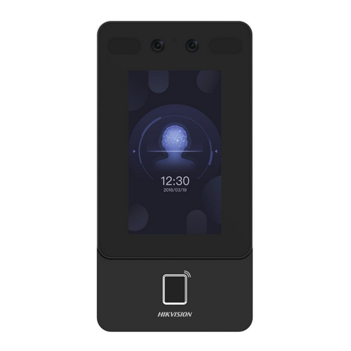 Product shot of Hikvision DS-K1T342MFX biometric face scanner terminal featuring a 4.3-inch touch screen.
