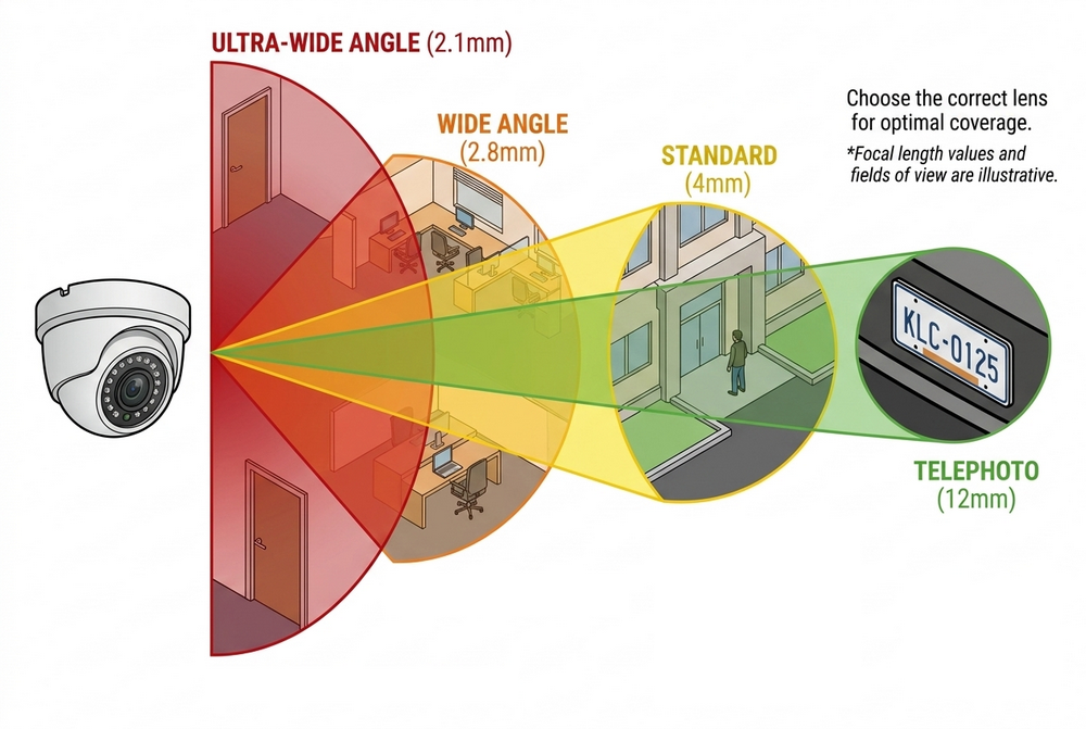 A diagram illustrating different camera lens fields of view from ultra-wide angle to telephoto focal lengths.