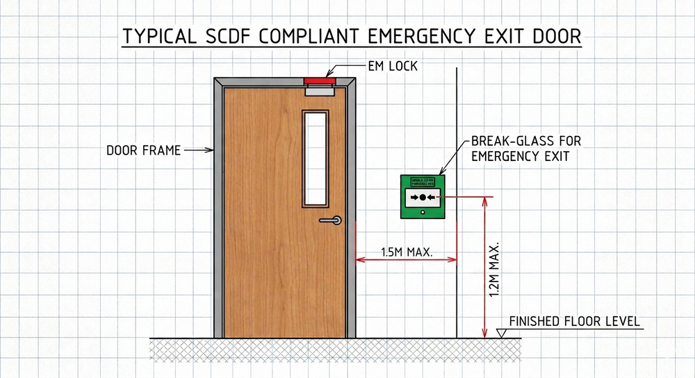 SCDF diagram: 1.2m height for break-glass and 1.5m distance from door frame