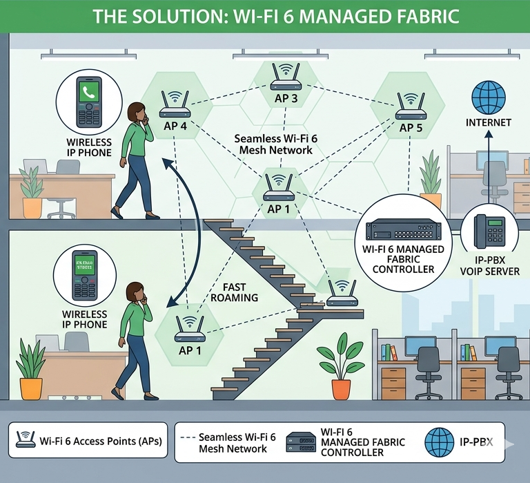 Wi-Fi 6 Managed Fabric diagram demonstrating seamless wireless mesh coverage and IP phone roaming between two levels.